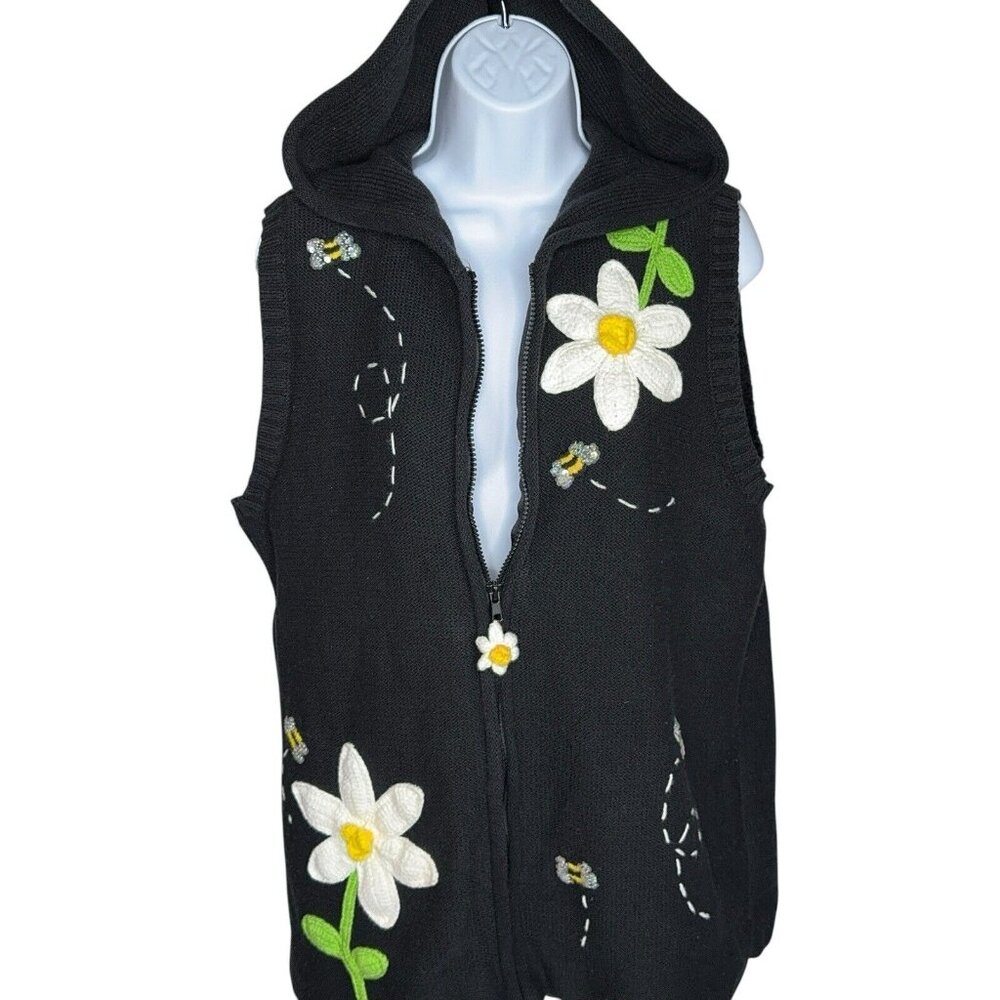 Quacker Factory Sweater Vest Daisy Bees Hooded Zip Up Embellished Embroidered Lg - Picture 9 of 11